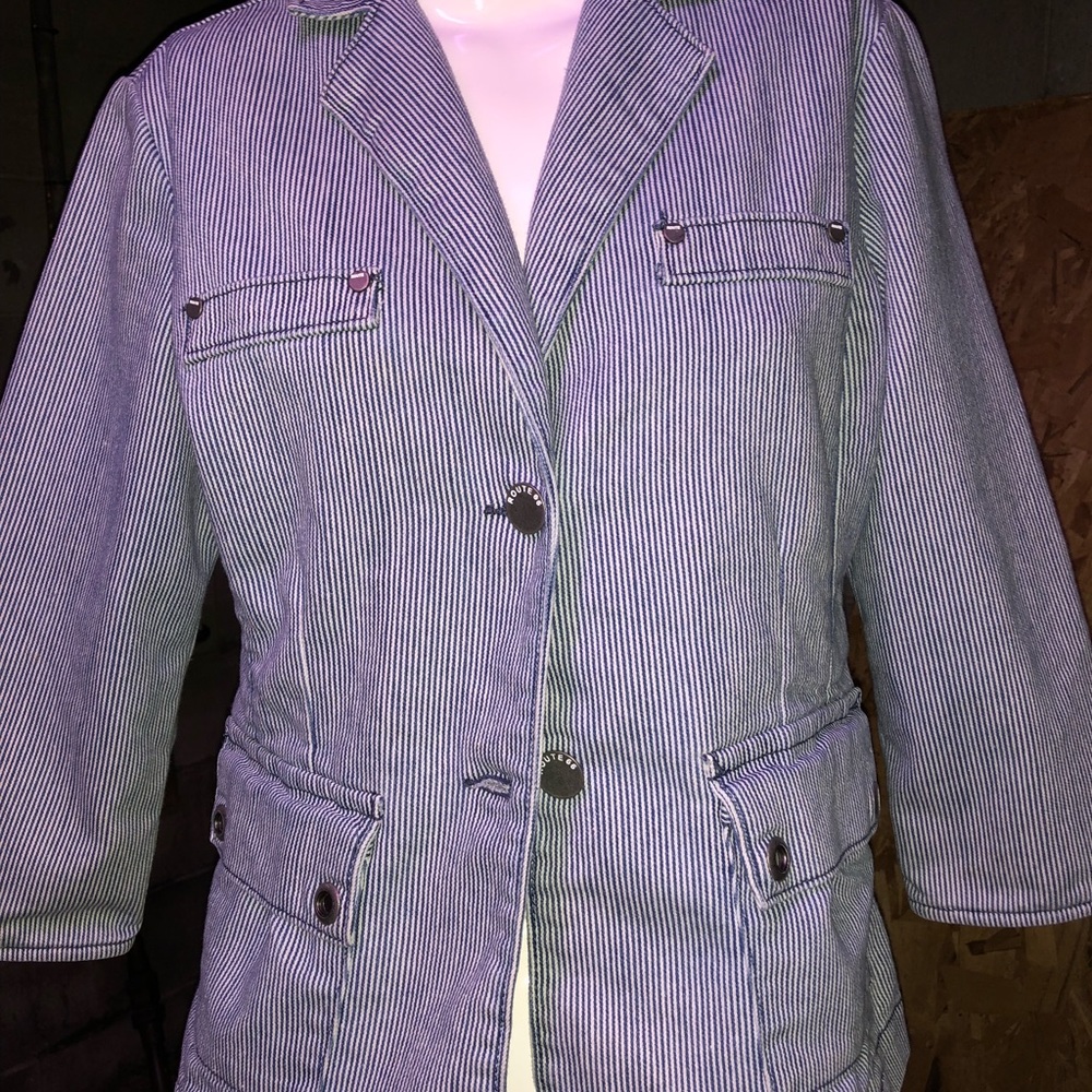 Blue and White Striped Denim Jacket